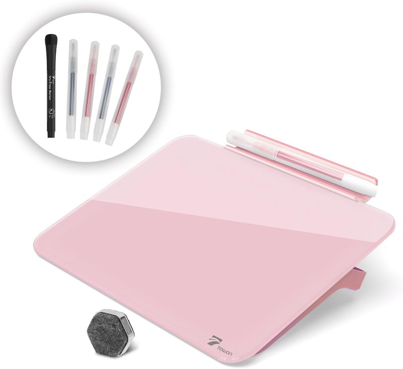 TOWON Pink Mini Desktop Pure Glass Whiteboard, Small Slope Slick Desk Whiteboard Glass, Desk White Board, Desktop White Board Dry Erase, Stenography Artifact for Office Home Schooling Décor, 8x6 Inches - Image 1